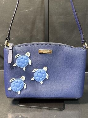 Kate Spade Women's Blue 3D Sea Turtle Crossbody Purse Bag Crossgrain Leather